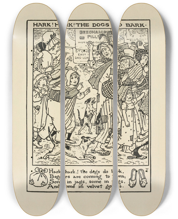 Triptych art skateboard deck of Winifred Smith Hark Hark The Dogs Go Bark by Winifred Smith (19-)
