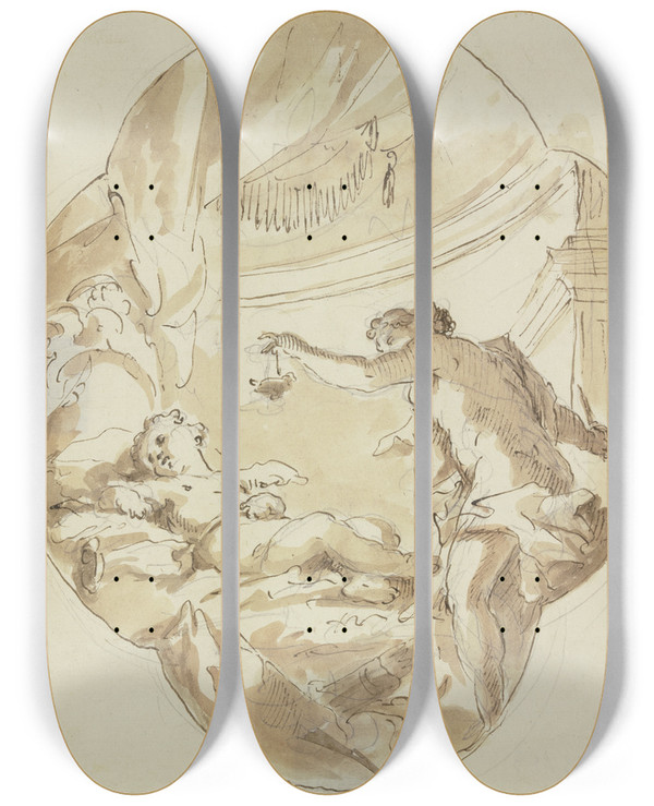 Triptych art skateboard deck of Gaspare Diziani Cupid And Psyche by Gaspare Diziani (1689-1767)