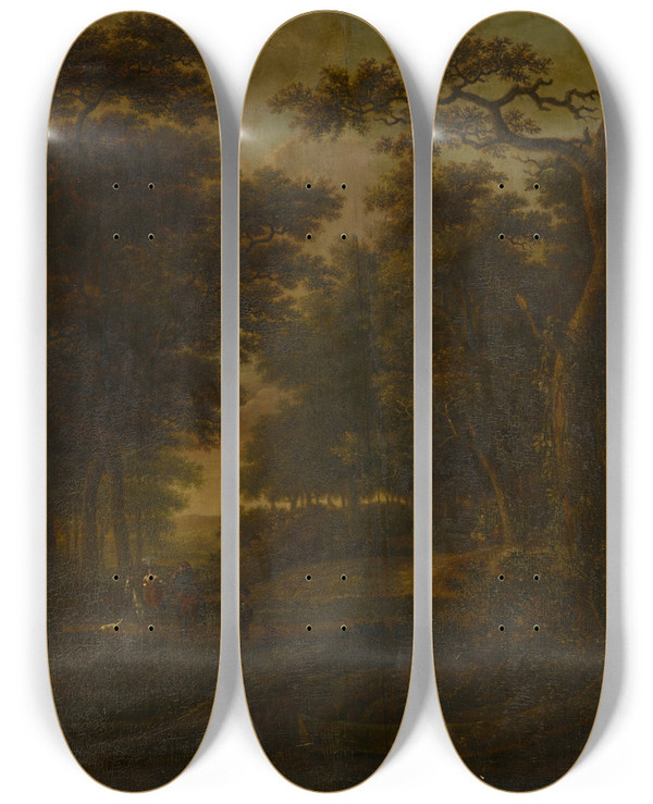 Triptych art skateboard deck of Gillis Rombouts Forest Landscape With Riders by Gillis Rombouts (1630-1678)