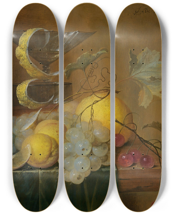 Triptych art skateboard deck of Jan Davidsz De Heem Still Life With A Wine Glass Lemon Peel Peaches Grapes And Cherries On The Corner Of A Partly Draped Wooden Table by Jan Davidsz de Heem (1606-1684)
