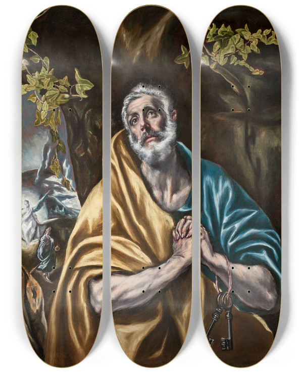 Triptych art skateboard deck of El Greco Domenikos Theotokopoulos The Penitent Saint Peter by El Greco Domenikos Theotokopoulos (1540-1614)