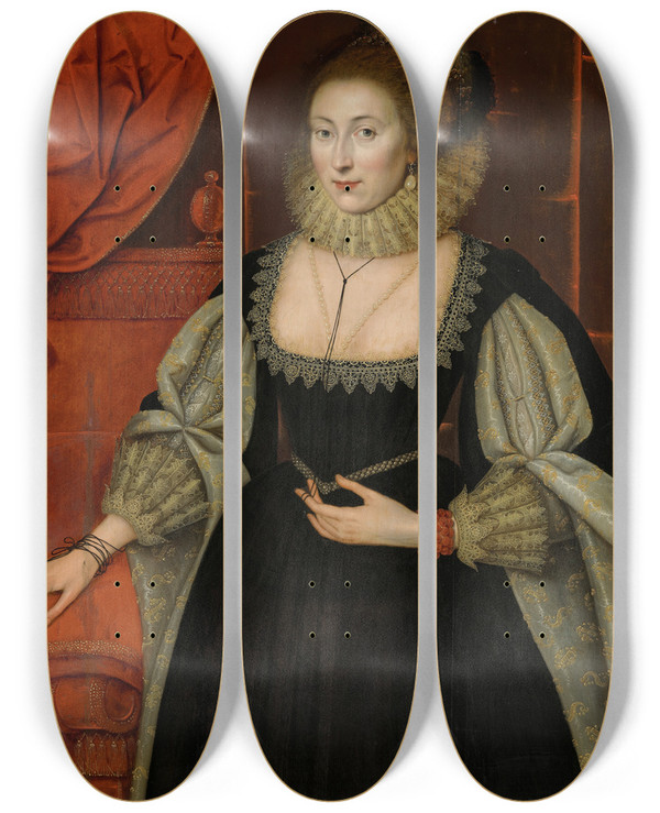 Triptych art skateboard deck of Marcus Gheeraerts The Younger Portrait Of A Lady_1 by Marcus Gheeraerts The Younger (1561-1635)