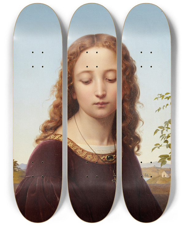 Triptych art skateboard deck of Ernst Deger Portrait Of A Young Woman by Ernst Deger (1809-1885)
