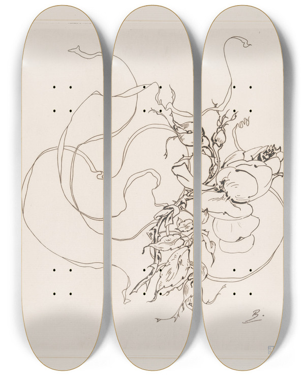 Triptych art skateboard deck of Flix Bracquemond Assiette Rose by Felix Bracquemond (1833-1914)