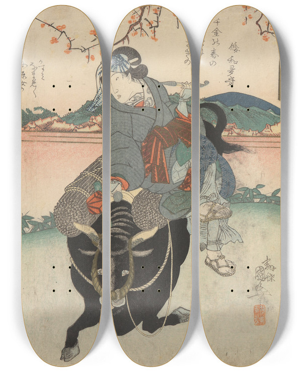 Triptych art skateboard deck of Utagawa Kunimaro Woman Riding On The Back Of A Bull by Utagawa Kunimaru (1793-1829)
