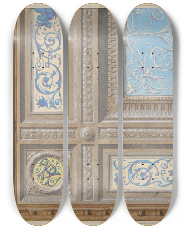 Triptych art skateboard deck of Julesedmondcharles Lachaise Design For The Painted Decoration Of A Coffered Ceiling With Initials Vr_1 by Jules-Edmond-Charles Lachaise (1897)