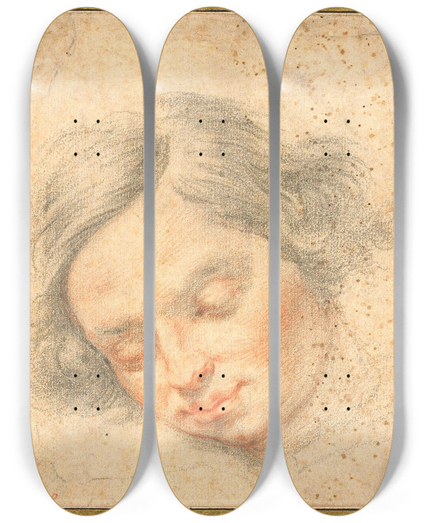 Triptych art skateboard deck of Francesco Furini The Head Of A Young Man With Closed Eyes by Francesco Furini (1603-1646)