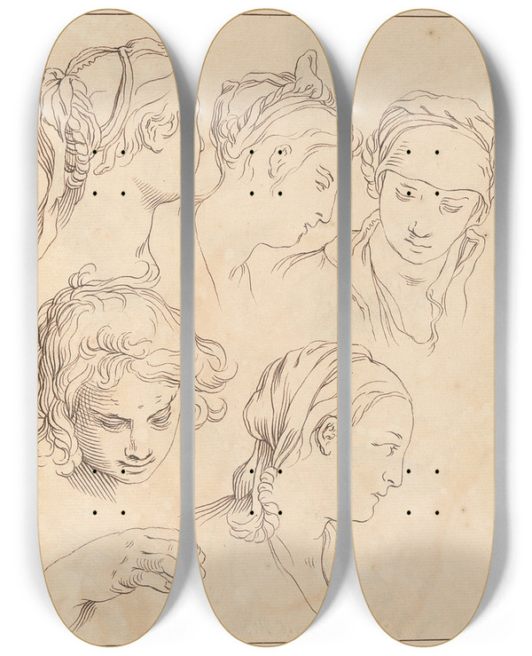 Triptych art skateboard deck of Hamlet Winstanley Sketches Of Various Female Heads by Hamlet Winstanley (1698-1756)