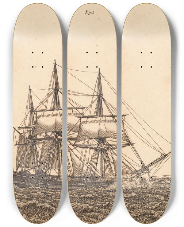 Triptych art skateboard deck of Christoffer Wilhelm Eckersberg En Korvet For Fulde Sejl Illustration Til Linearperspectiven Tavle X by Christoffer Wilhelm Eckersberg (1783-1853)