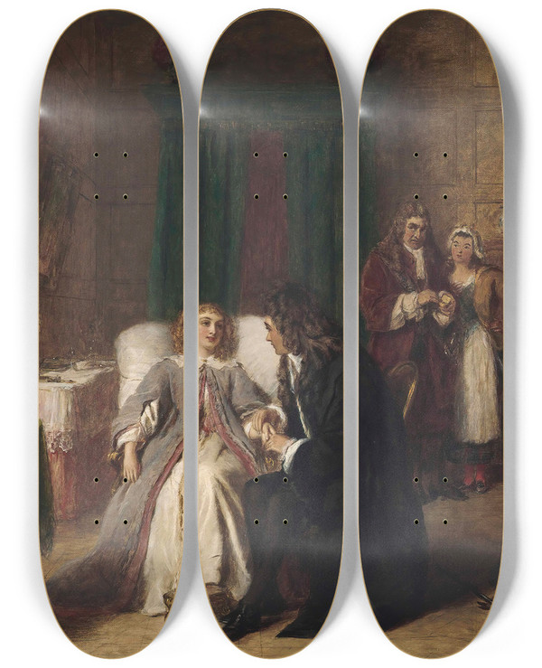 Triptych art skateboard deck of William Powell Frith La Malade Imaginaire by William Powell Frith (1819-1909)