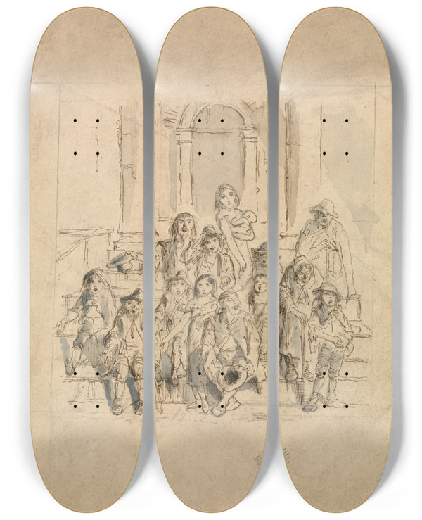 Triptych art skateboard deck of George Augustus Sala Beggars by George Augustus Sala (1828-1895)