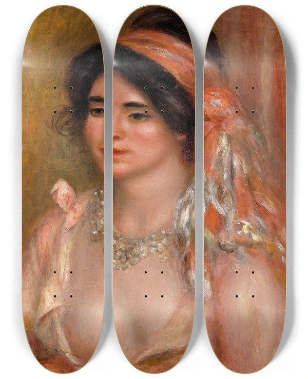 Triptych art skateboard deck of Pierreauguste Renoir Woman With Black Hair Jeune Femme Avec Cheveux Noirs Buste by Pierre-Auguste Renoir (1841-1919)