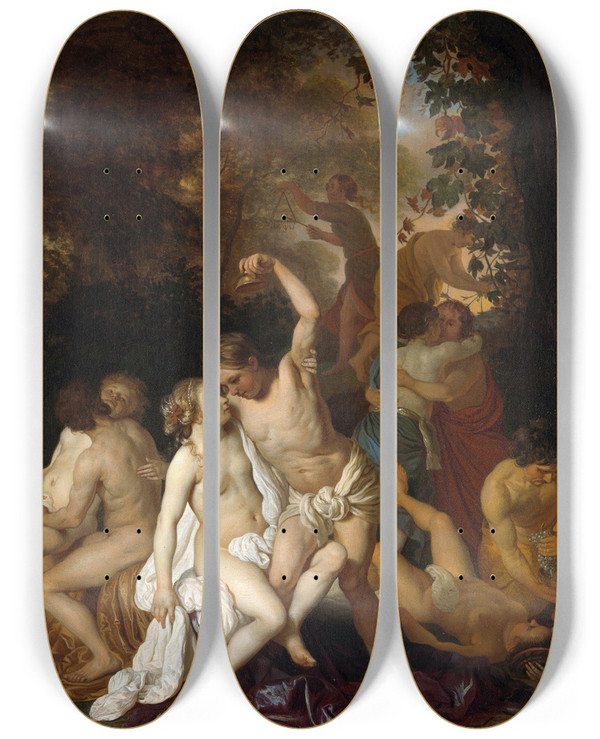 Triptych art skateboard deck of Jacob Van Loo Scene With Bacchante by Jacob Van Loo (1614-1670)