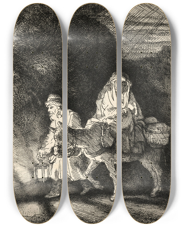 Triptych art skateboard deck of Rembrandt Van Rijn The Flight Into Egypt A Night Piece_2 by Rembrandt Van Rijn (1606-1669)