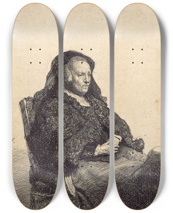 Triptych art skateboard deck of Rembrandt Van Rijn An Elderly Woman Rembrandts Mother Seated At A Table by Rembrandt Van Rijn (1606-1669)