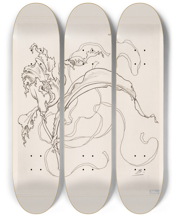 Triptych art skateboard deck of Flix Bracquemond Assiette Tulipe by Felix Bracquemond (1833-1914)