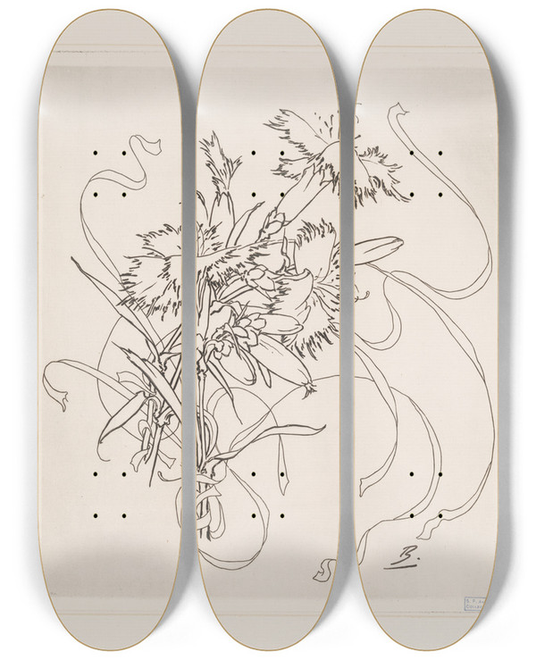Triptych art skateboard deck of Flix Bracquemond Assiette Oeillet by Felix Bracquemond (1833-1914)