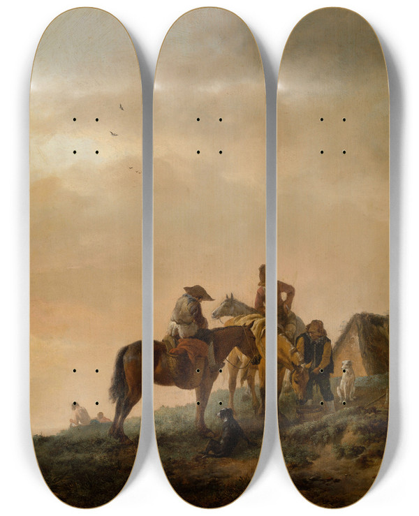 Triptych art skateboard deck of Philips Wouwerman Horsemans Stop by Philips Wouwerman (1619-1668)