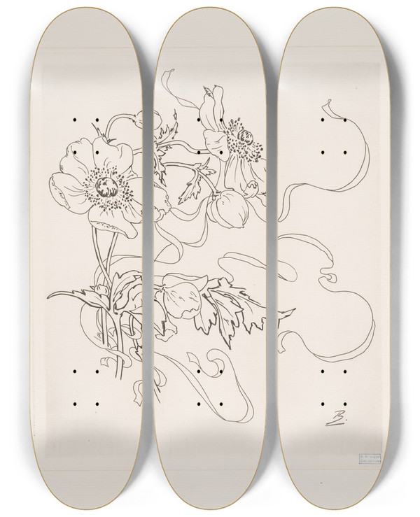 Triptych art skateboard deck of Flix Bracquemond Assiette Anmone by Felix Bracquemond (1833-1914)