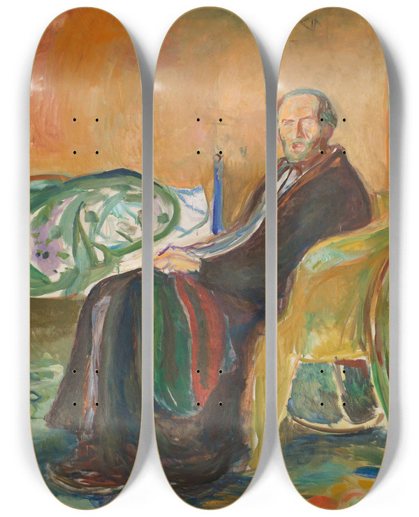 Triptych art skateboard deck of Edvard Munch Selfportrait With The Spanish Flu by Edvard Munch (1863-1944)