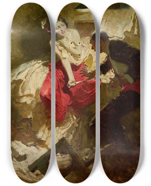 Triptych art skateboard deck of Dean Cornwell The Red Shawl by Dean Cornwell (1892-1960)