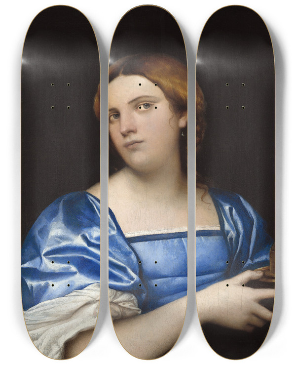 Triptych art skateboard deck of Sebastiano Del Piombo Portrait Of A Young Woman As A Wise Virgin by Sebastiano del Piombo (1485-1547)