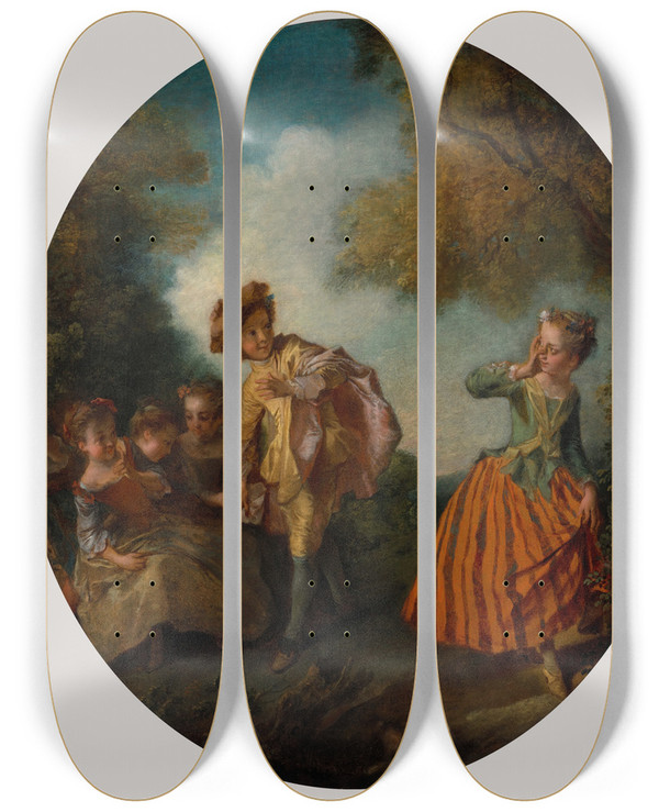 Triptych art skateboard deck of Nicolas Lancret Blind Mans Bluff by Nicolas Lancret (1690-1743)