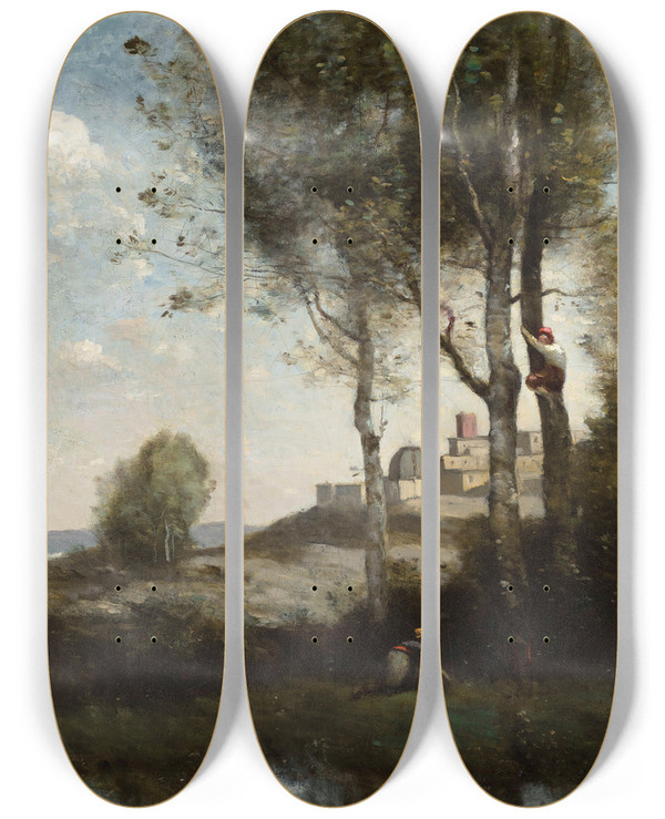 Triptych art skateboard deck of Jeanbaptistecamille Corot Les Dnicheurs Toscans_1 by Jean-Baptiste-Camille Corot (1796-1875)