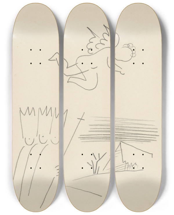 Triptych art skateboard deck of Mikul Galanda Traja Krli by Mikulas Galanda (1895-1938)