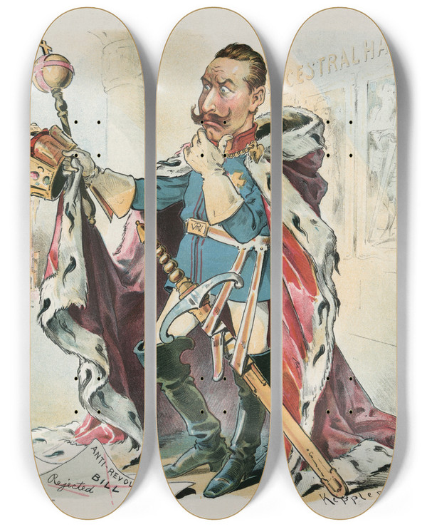 Triptych art skateboard deck of Udo Keppler A Puzzled Kaiser by Udo Keppler (1872-1956)