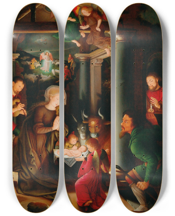 Triptych art skateboard deck of School Of Bruges Adoration Of The Shepherds by School of Bruges