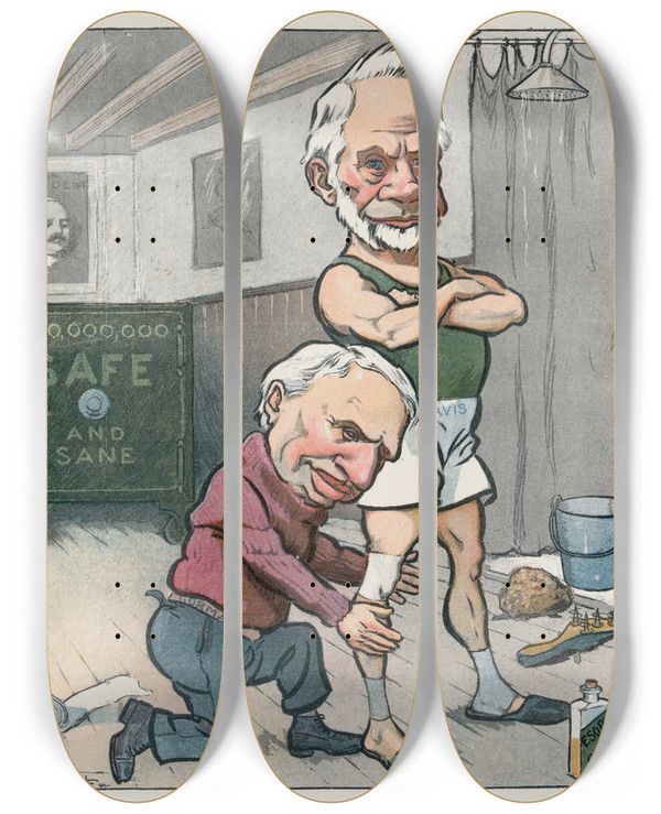 Triptych art skateboard deck of Frank Arthur Nankivell Never Too Late To Run by Frank Arthur Nankivell (1869-1959)
