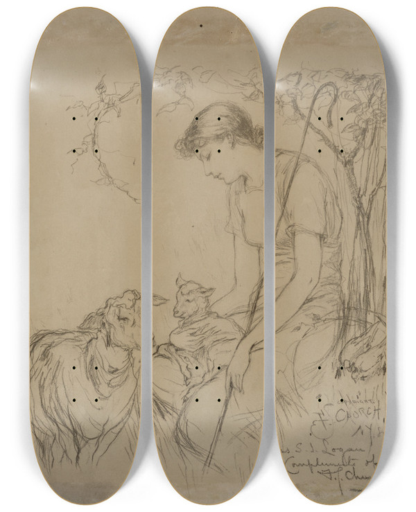 Triptych art skateboard deck of Frederick Stuart Church Shepherdess by Frederick Stuart Church (1842-1924)