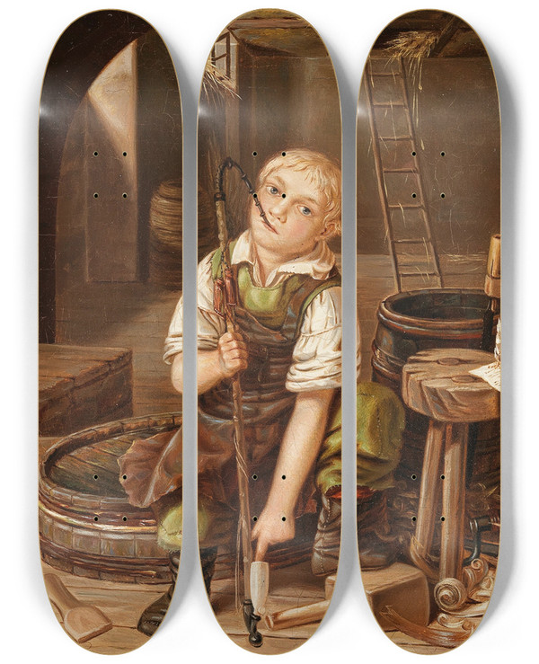 Triptych art skateboard deck of Wilhelm Kiesewetter Der Kleine Handwerker by Wilhelm Kiesewetter (1811-1865)