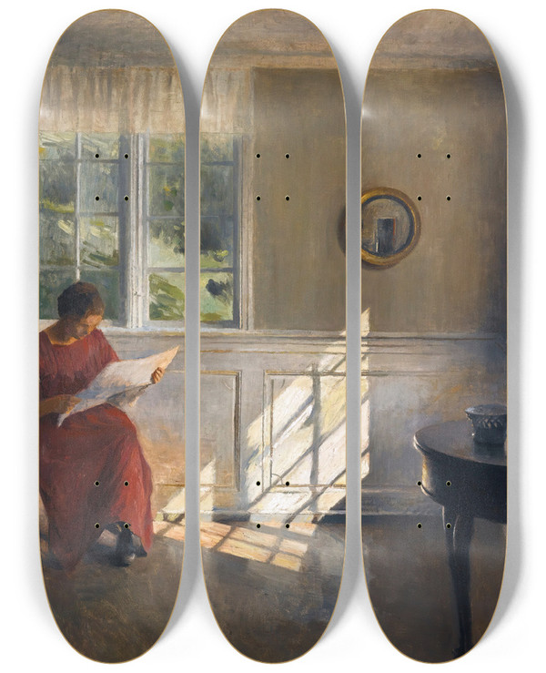 Triptych art skateboard deck of Peter Ilsted A Sunlit Interior by Peter Ilsted (1861-1933)