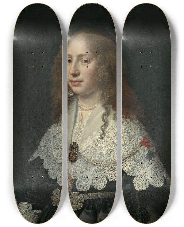 Triptych art skateboard deck of Michiel Jansz Van Mierevelt Portrait Of Aegje Hasselaer by Michiel Jansz Van Mierevelt (1566-1641)