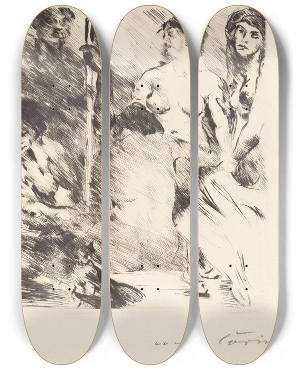 Triptych art skateboard deck of Lovis Corinth Harem Der Harem by Lovis Corinth (1858-1925)