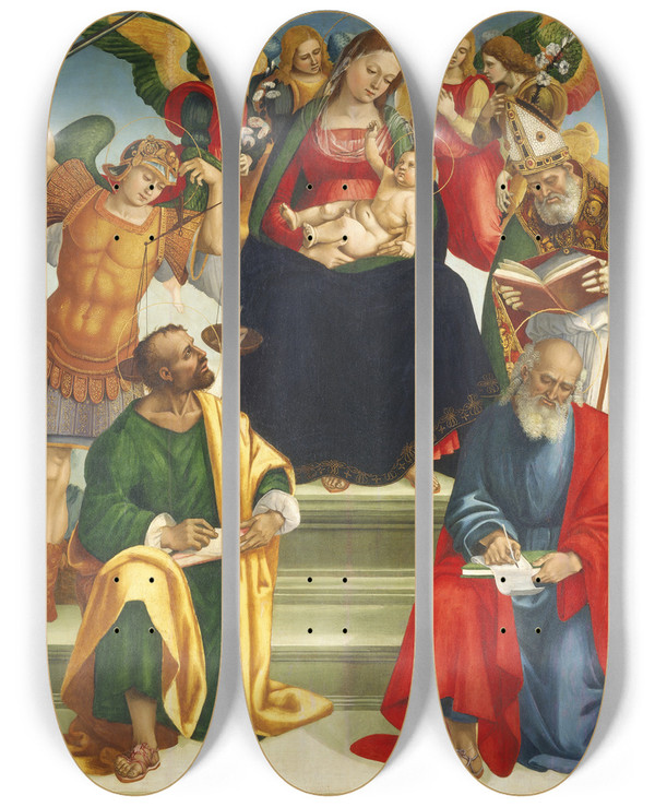 Triptych art skateboard deck of Luca Signorelli Madonna And Child With Saints And Angels by Luca Signorelli (1470-1523)