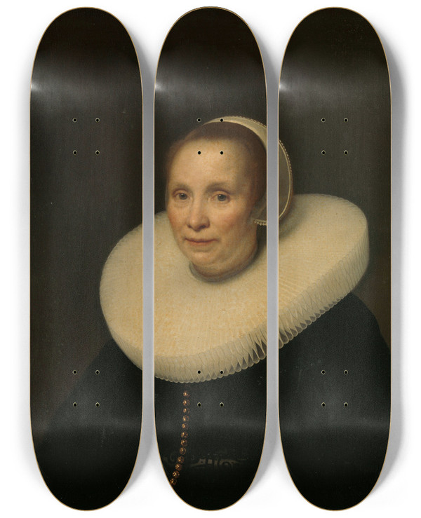 Triptych art skateboard deck of Abraham Lambertsz Van Den Tempel Portrait Of A Woman by Abraham Lambertsz. van den Tempel (1622-1672)