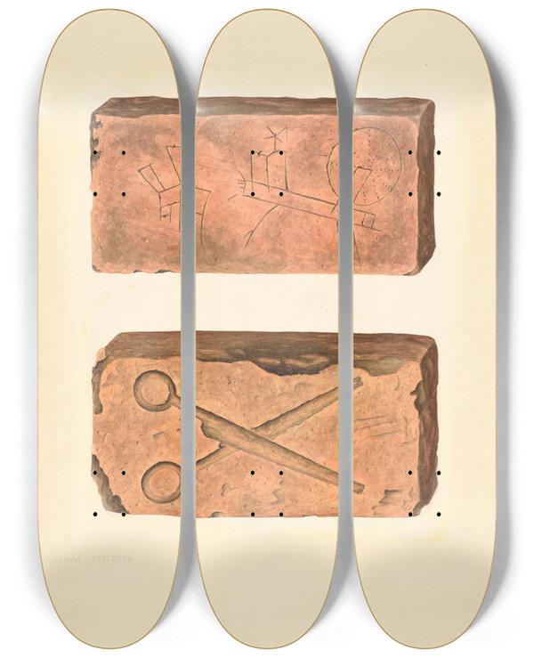 Triptych art skateboard deck of William Spiecker Bishop Hill Building Bricks by William Spiecker