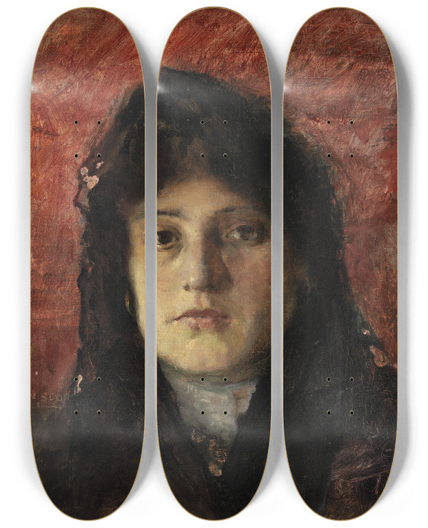 Triptych art skateboard deck of Frank Edwin Scott Tete De Femme by Frank Edwin Scott (1863-1929)