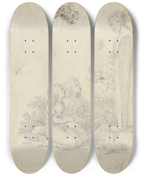 Triptych art skateboard deck of Johann Friedrich August Tischbein Knabe Und Mdchen Mit Einer Taube Vor Einer Mnnlichen Herme Kniend by Johann Friedrich August Tischbein (1750-1812)