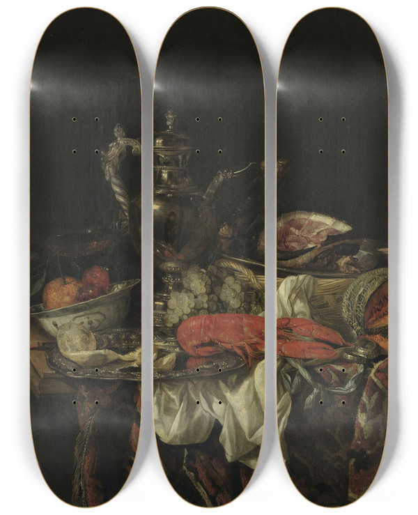 Triptych art skateboard deck of Abraham Van Beijeren Still Life With A Silver Pitcher by Abraham Van Beyeren (1620-1690)