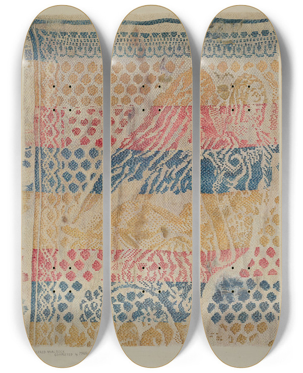 Triptych art skateboard deck of Alfred Walbeck Handwoven Table Cover by Alfred Walbeck
