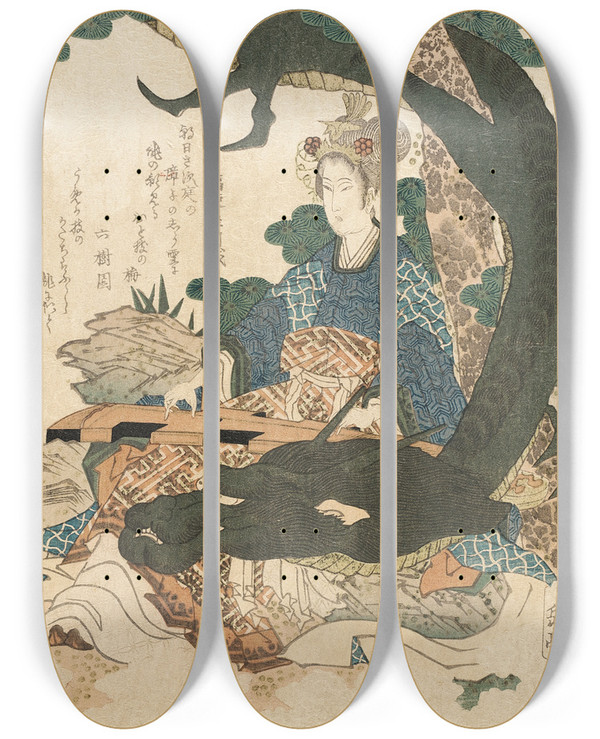 Triptych art skateboard deck of Yashima Gakutei Taizhenwang Furen Playing Onestring Chin Encircled By Dragon by Yashima Gakutei (1786-1868)