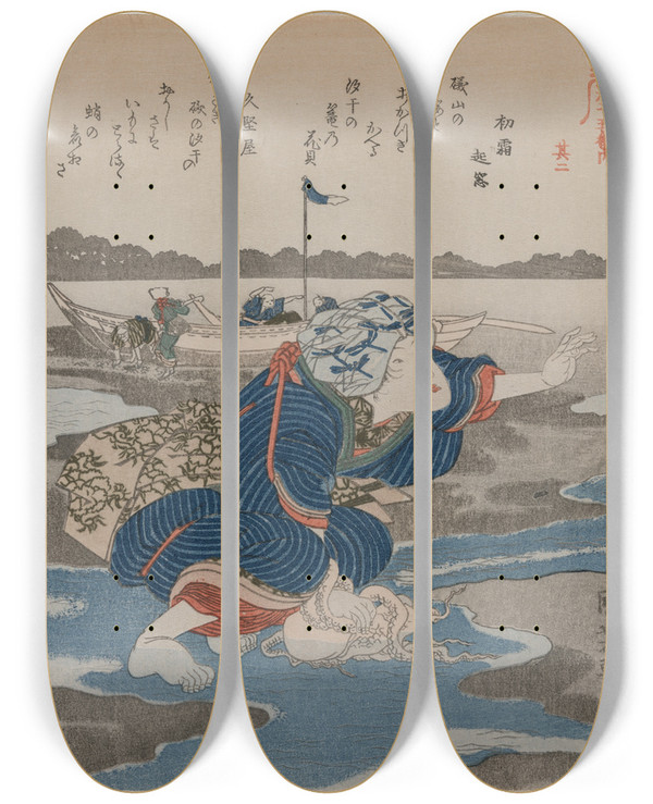 Triptych art skateboard deck of Utagawa Kuniyoshi Woman With An Octopus From The Series Five Pictures Of Low Tide by Utagawa Kuniyoshi (1797-1861)