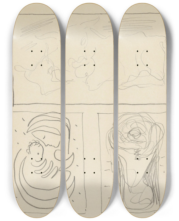 Triptych art skateboard deck of Mikul Galanda Tri Tdiekravky A Dve Materstv by Mikulas Galanda (1895-1938)