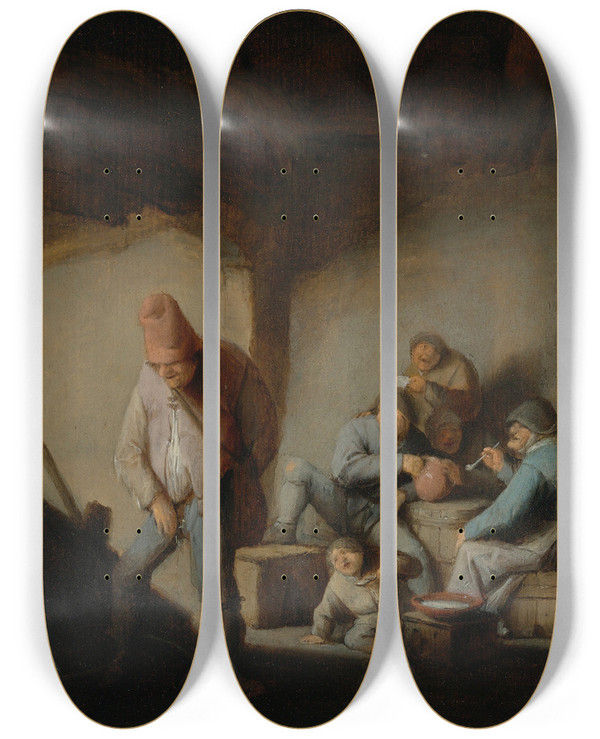 Triptych art skateboard deck of Adriaen Van Ostade Peasants In The Interior Of An Inn by Adriaen Van Ostade (1610-1684)