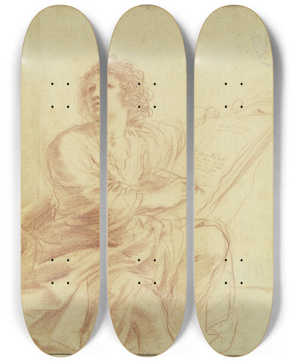 Triptych art skateboard deck of Guercino Johannes Der Evangelist Sitzend Und Schreibend by Guercino (1591-1666)