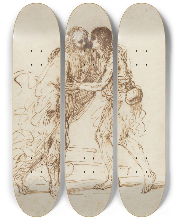Triptych art skateboard deck of Guercino The Return Of The Prodigal Son by Guercino (1591-1666)